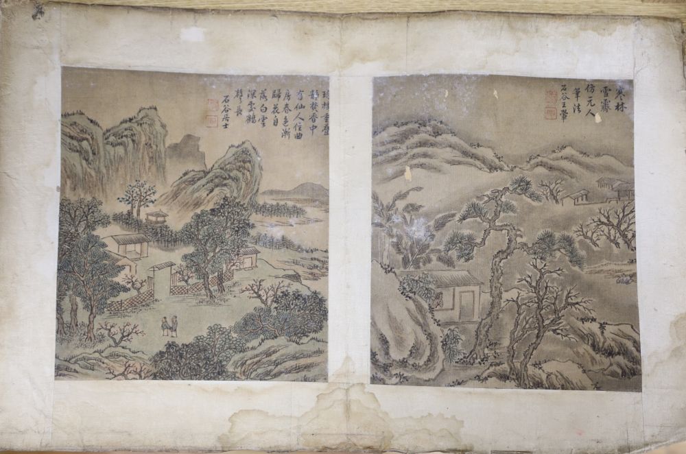 A pair of old hand-painted Chinese paintings on silk, with script, signed, overall width 58cm